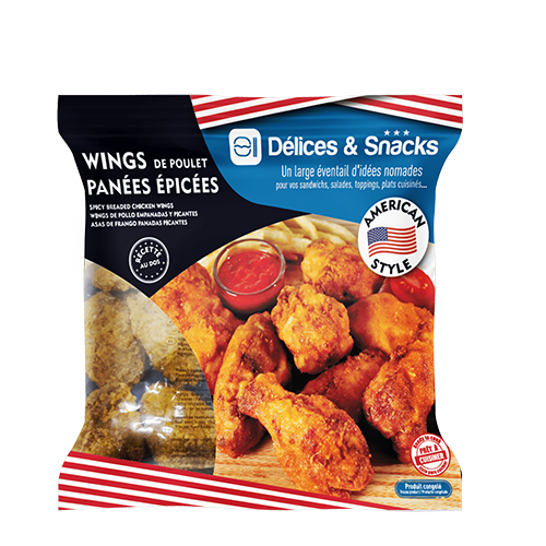 Sachet wings de poulet panées épicées American Style, Délices & Snacks - Volatys